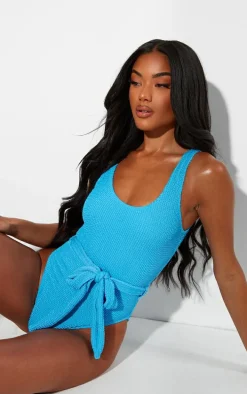 Blue Crinkle Tie Waist Detail Swimsuit