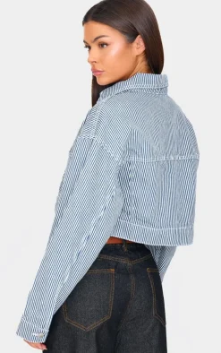 Blue Cropped Pinstripe Denim Jacket