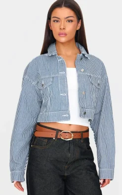 Blue Cropped Pinstripe Denim Jacket