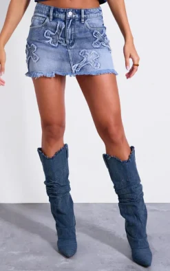 Blue Cross Applique Denim Mini Skirt