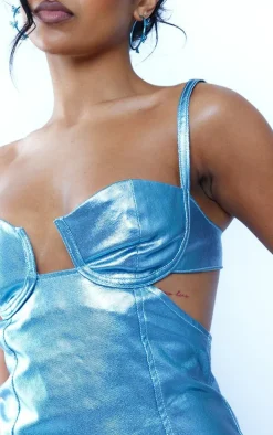 Blue Cup Detail Metallic Coated Denim Dress