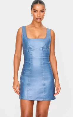 Blue Cut Out Back Coated Denim Mini Dress