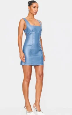Blue Cut Out Back Coated Denim Mini Dress