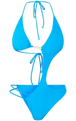 Blue Cut Out Diamante Trim Swimsuit