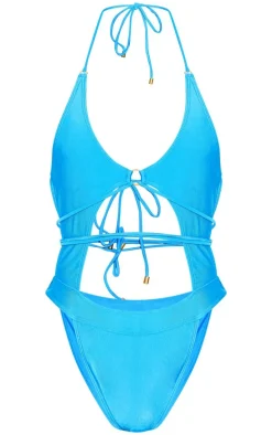 Blue Cut Out Tie Waist Swimsuit