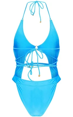 Blue Cut Out Tie Waist Swimsuit