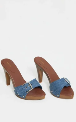 Blue Denim Buckle Detail Vintage High Heeled Mules