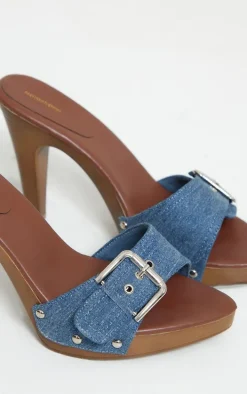 Blue Denim Buckle Detail Vintage High Heeled Mules