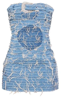 Blue Denim Extreme Distressed Diamante Buckle Dress