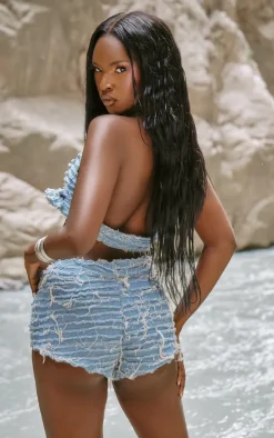 Blue Denim Extreme Distressed Diamante Buckle Halterneck Top