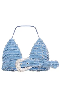 Blue Denim Extreme Distressed Diamante Buckle Halterneck Top