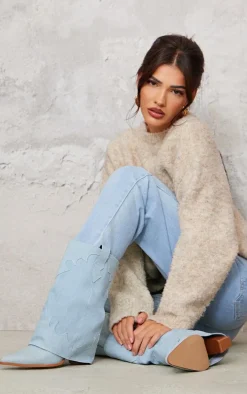 Blue Denim Point Toe Block Heel Fold Over Western Boot