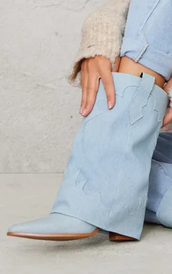 Blue Denim Point Toe Block Heel Fold Over Western Boot