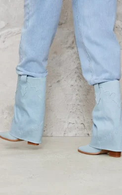 Blue Denim Point Toe Block Heel Fold Over Western Boot