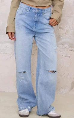 Blue Distressed Detail Straight Leg Jeans