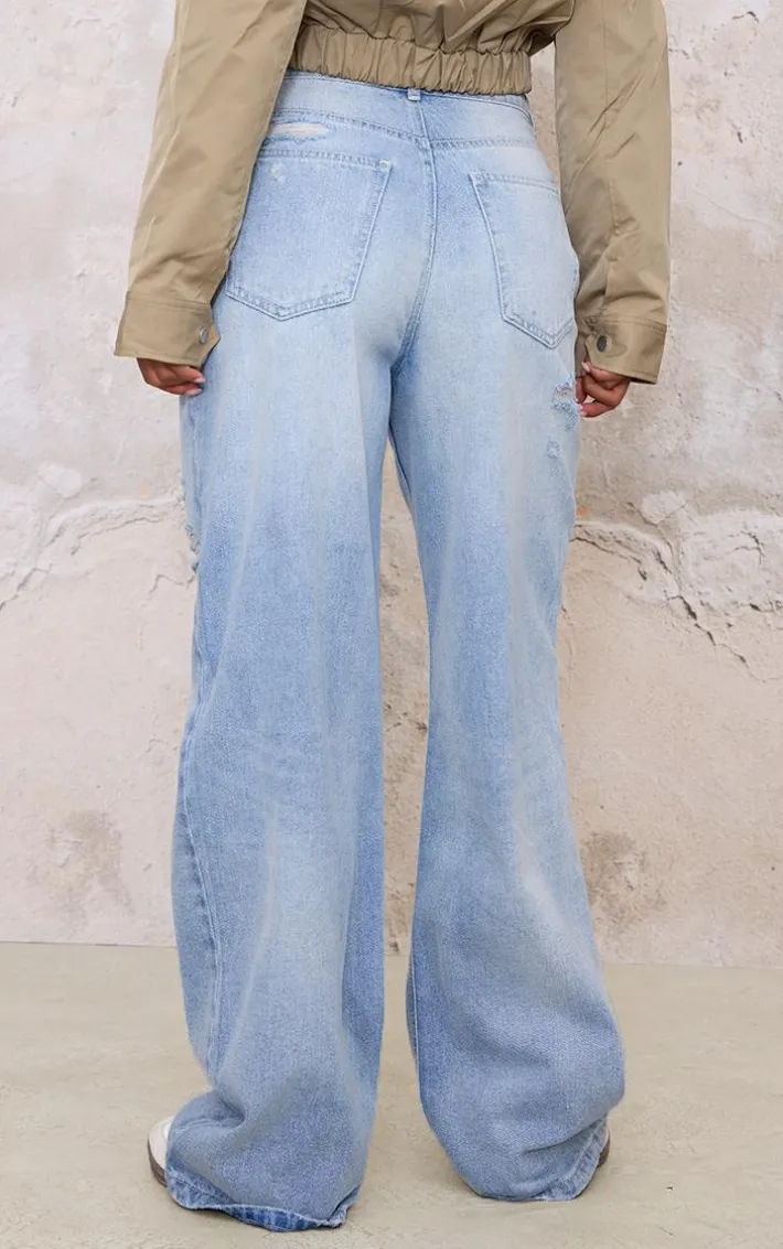 Blue Distressed Detail Straight Leg Jeans