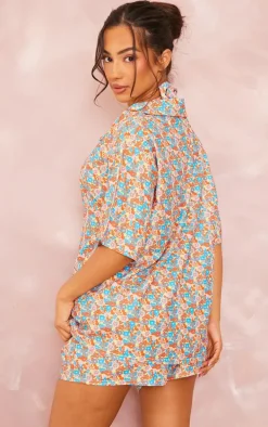 Blue Ditsy Floral Print Button Up Beach Shirt