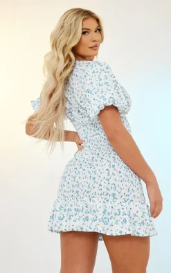 Blue Ditsy Floral Print Shirred V Neck Bodycon Dress