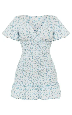 Blue Ditsy Floral Print Shirred V Neck Bodycon Dress