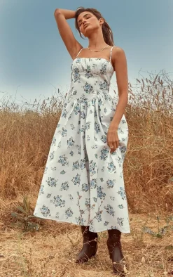 Blue Ditsy Floral Ruched Bust Corset Strappy Midaxi Dress