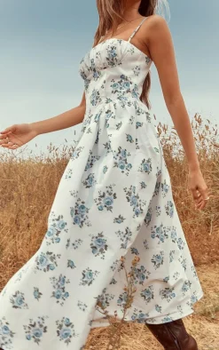 Blue Ditsy Floral Ruched Bust Corset Strappy Midaxi Dress