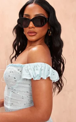 Blue Ditsy Floral Textured Bardot Shift Dress