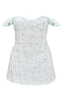 Blue Ditsy Floral Textured Bardot Shift Dress