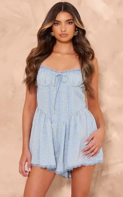 Blue Ditsy Print Woven Corset Lace Trim Romper