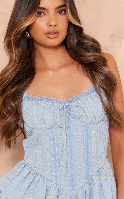 Blue Ditsy Print Woven Corset Lace Trim Romper