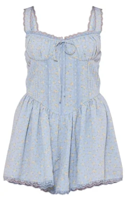 Blue Ditsy Print Woven Corset Lace Trim Romper