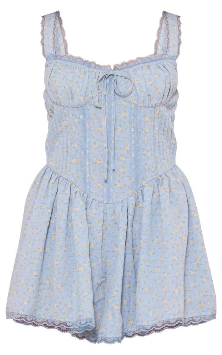 Blue Ditsy Print Woven Corset Lace Trim Romper
