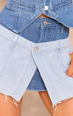 Blue Double Waistband Two Tone Denim Mini Skirt