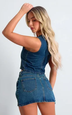 Blue Faded Wash Seam Detail Denim Vest