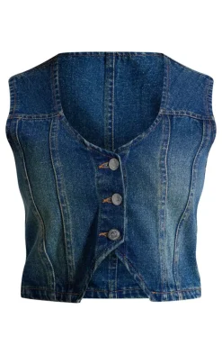 Blue Faded Wash Seam Detail Denim Vest