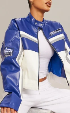 Blue Faux Leather Contrast Panel Quilted Detail Motocross Jacket