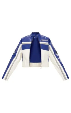 Blue Faux Leather Contrast Panel Quilted Detail Motocross Jacket