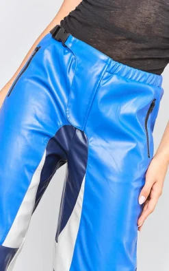 Blue Faux Leather Panel Detail Motorcross Pants
