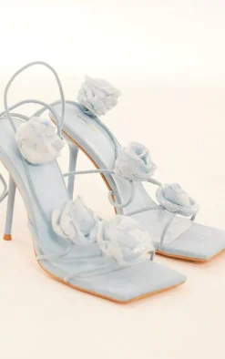Blue Faux Suede Square Toe Corsage Detail Lace Up High Heeled Sandals
