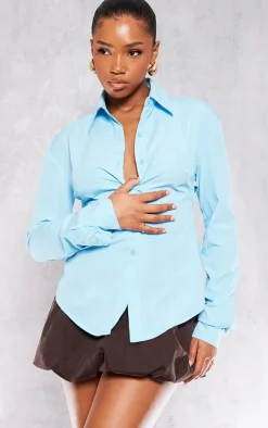 Blue Fitted Open Tie Back Shirt