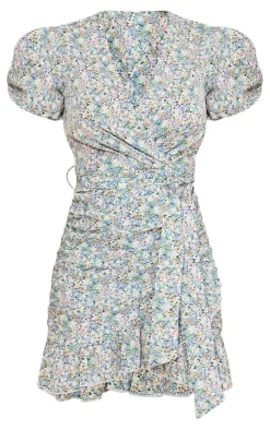 Blue Floral Chiffon Puff Sleeve Ruched Bodycon Dress