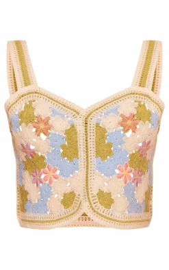 Blue Floral Crochet Stitch Detail Crop Top