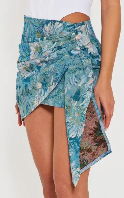 Blue Floral Jacquard Ruched Side Mini Skirt