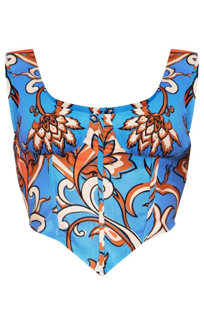 Blue Floral Print Linen Look Corset