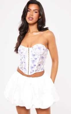 Blue Floral Print Ruched Mesh Corset