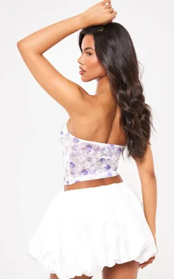 Blue Floral Print Ruched Mesh Corset