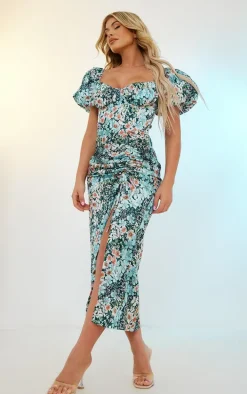 Blue Floral Print Satin Puff Sleeve Corset Ruched Midaxi Dress