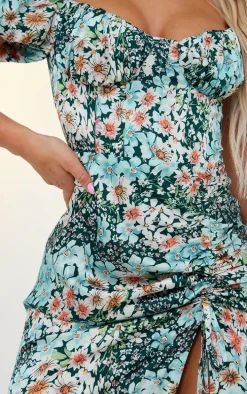 Blue Floral Print Satin Puff Sleeve Corset Ruched Midaxi Dress