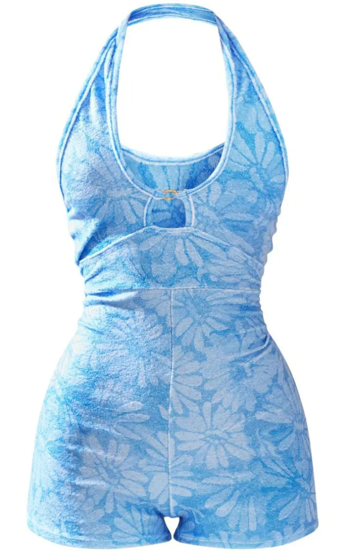 Blue Floral Print Towelling Ring Detail Halter Romper
