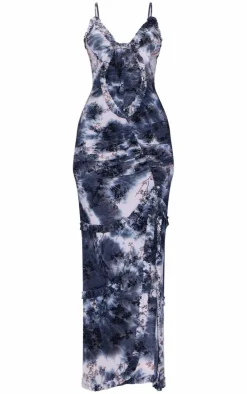 Blue Floral Printed Devore Cut Out Cami Spilt Hem Maxi Dress