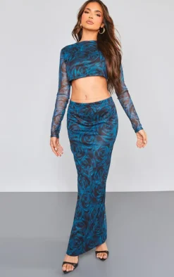 Blue Floral Printed Mesh Low Rise Maxi Skirt